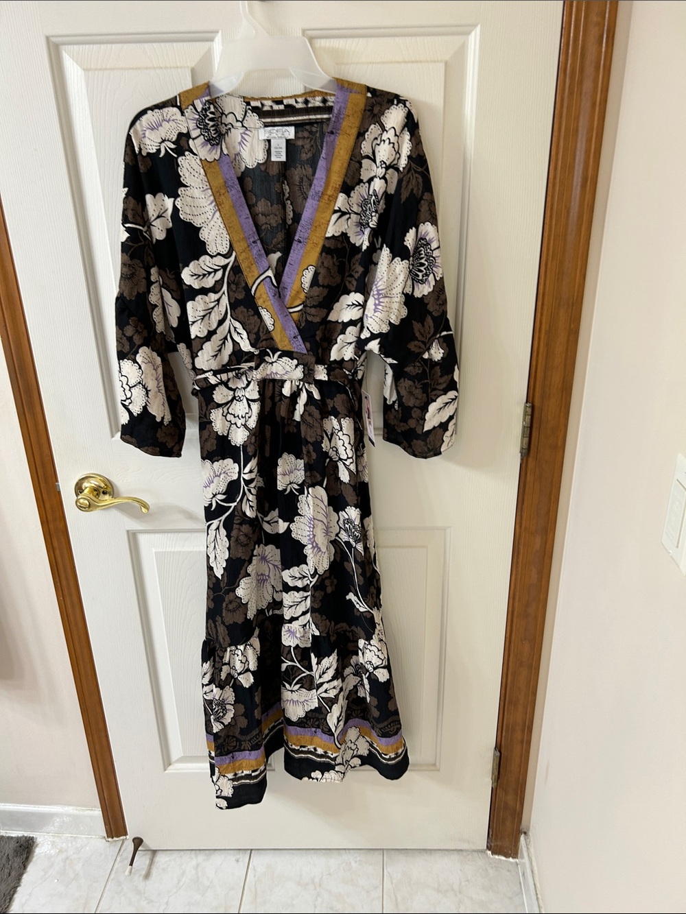 sofia by sofia vergara Black Floral Midi Dress with Purple Trim